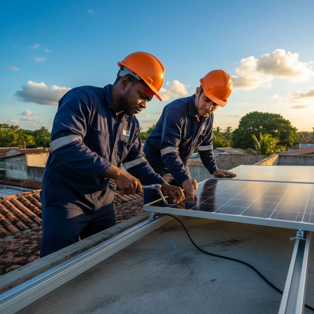 Equipe Ativa Solar instalando painéis fotovoltaicos — equipe técnica certificada em telhado residencial em São Luís