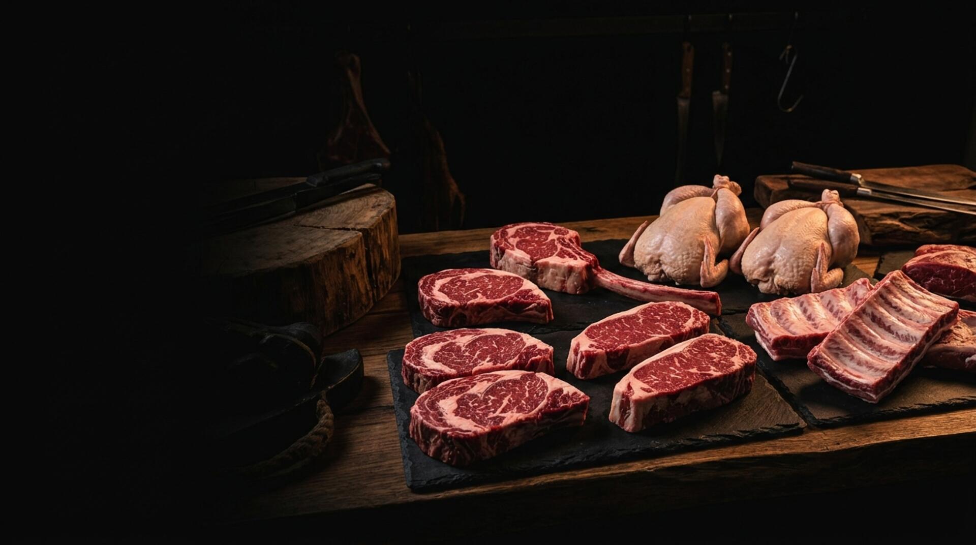 Corte de carne bovina sobre tabua de acougue